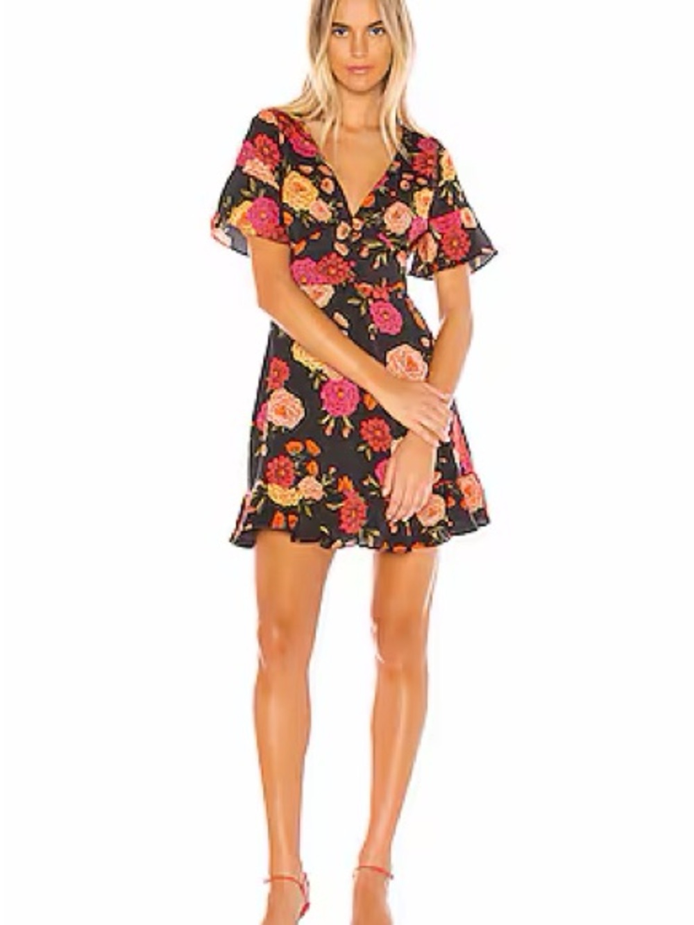 cupcakes & cashmere Black Mini Dress with Pink & Orange Floral Print